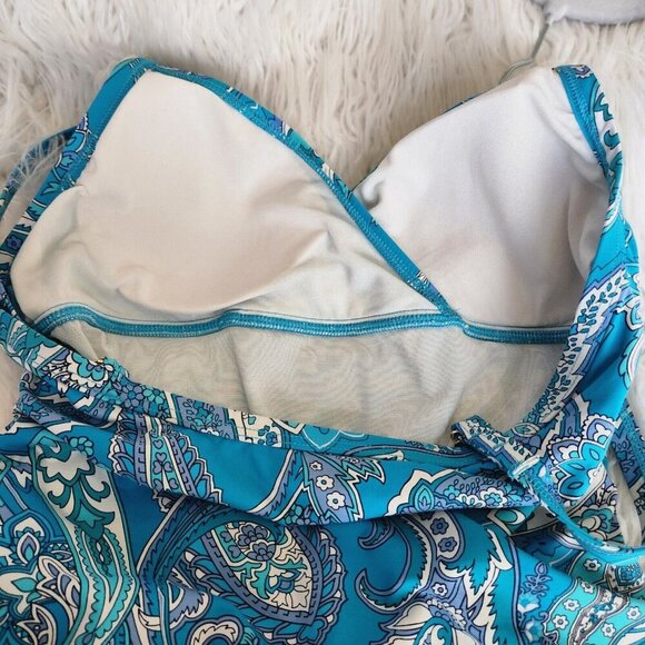 Lauren Ralph Lauren One-Piece Swimsuit 10 Bandana Paisley Aqua Blue Ruched V Nec - Picture 10 of 11